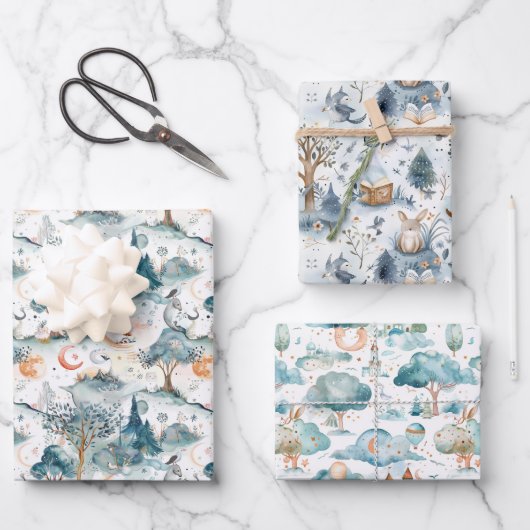 Fairy Woodland Animals Blue ラッピングペーパーシート (正面)