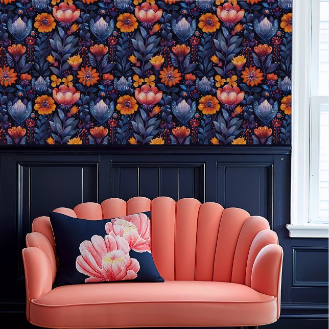 Fairycoreオレンお洒落ジ、赤、青フローラ 壁紙 (Fairycore Whimsical Orange, Red, and Blue Floral Wallpaper above a coral scalloped sofa.)
