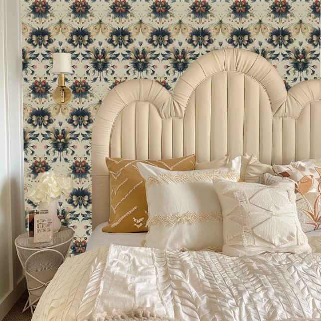 Fairycoreフラワーお洒落バグ 壁紙 (Fairycore Whimsical Flower Bugs Wallpaper behind a cream colored headboard.)