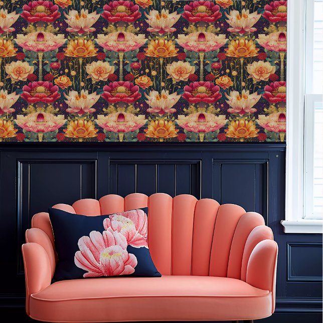 Fairycore大きなお洒落フローラ壁紙 壁紙 (Fairycore Large Whimsical Floral Wallpaper above a coral scalloped sofa. )