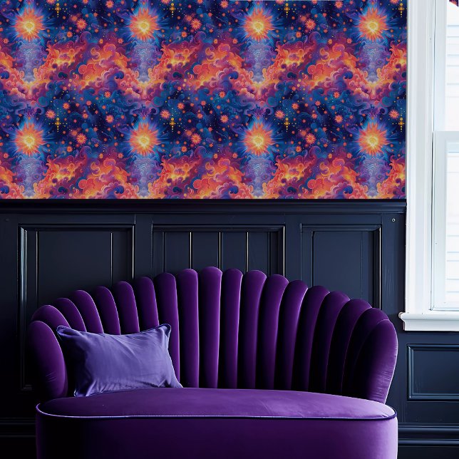 Fairycore Ethereal Sun and Clouds 壁紙 (Fairycore Ethereal Sun and Clouds Wallpaper above a purple scalloped sofa.)
