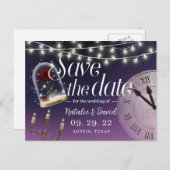 Fairytale結婚のエレガントPurple Save the Date 案内ポストカード (正面/裏面)