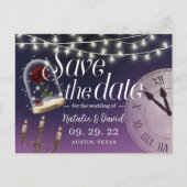 Fairytale結婚のエレガントPurple Save the Date 案内ポストカード (正面)