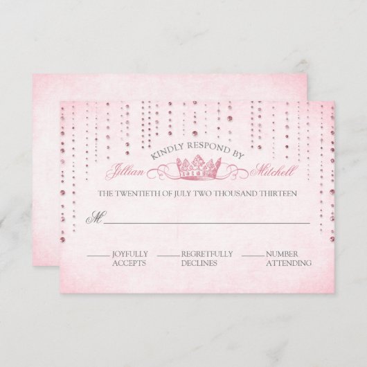 Fairytale'結婚s Pink Sparkles & Crown 出欠カード (正面/裏面)