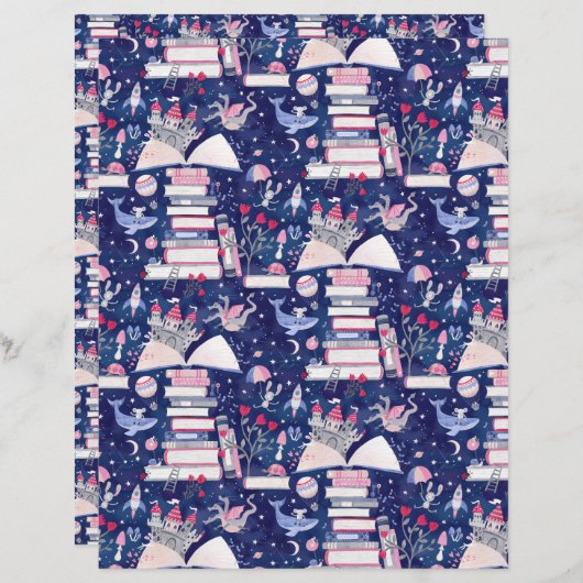 Fairytale Book Castle Blue Scrapbook Paper (正面/裏面)