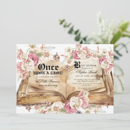 Fairytale Book Pink Rose Floral Baby Shower 招待状 (スタンド正面)