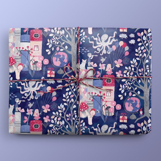 Fairytale Books and Magical Creatures Blue ラッピングペーパー