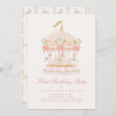 Fairytale Bows Pink Girl Carousel Birthday Party 招待状 (正面/裏面)