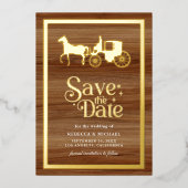 Fairytale Carriage Wedding Save the Date Gold 箔招待状 (正面)