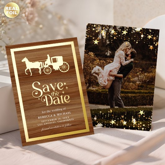 Fairytale Carriage Wedding Save the Date Gold 箔招待状