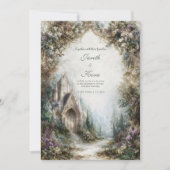 Fairytale Castle Floral Arch Misty Forest Wedding 招待状 (正面)