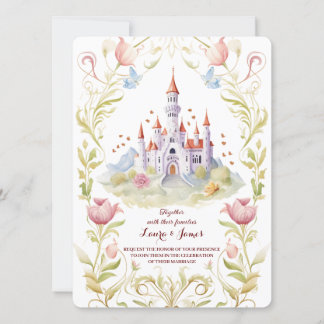 Fairytale Castle Pastel Watercolor Floral Wedding 招待状