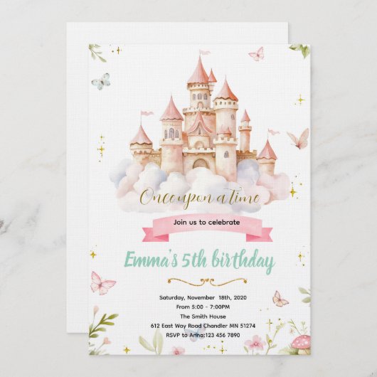 Fairytale Castle princess Birthday Invitation 招待状 (正面/裏面)