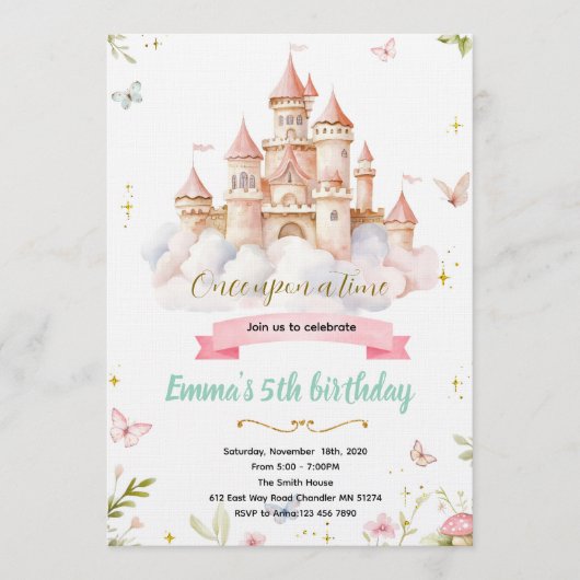 Fairytale Castle princess Birthday Invitation 招待状 (正面)