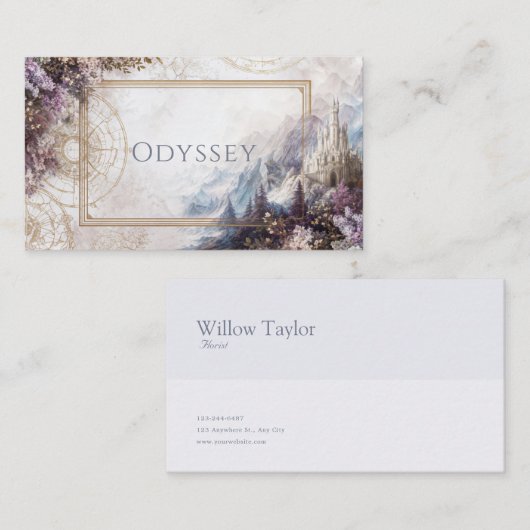 Fairytale Castle Purple Floral Gold Compass 名刺 (正面/裏面)