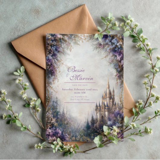 Fairytale Castle Purple Floral Misty Wedding 招待状
