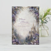 Fairytale Castle Purple Floral Misty Wedding 招待状 (スタンド正面)