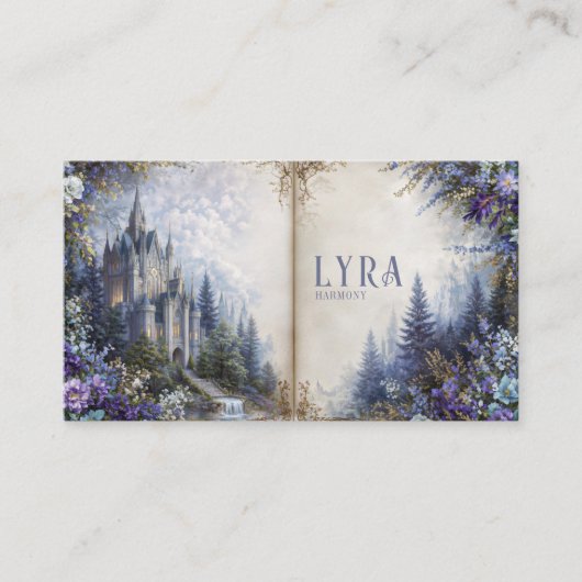 Fairytale Castle Purple Floral Open Storybook 名刺 (正面)