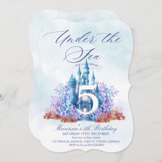 Fairytale Castle Underwater Watercolor Birthday  招待状 (正面/裏面)