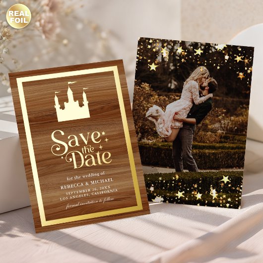 Fairytale Castle Wedding Save the Date Gold 箔招待状