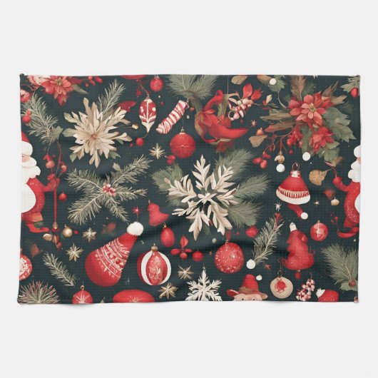 fairytale Christmas decorations, flowers, leaves キッチンタオル (横)