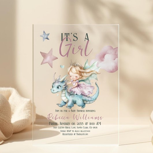 Fairytale Dreamy Dragon Pink Princess Baby Shower  アクリル招待状