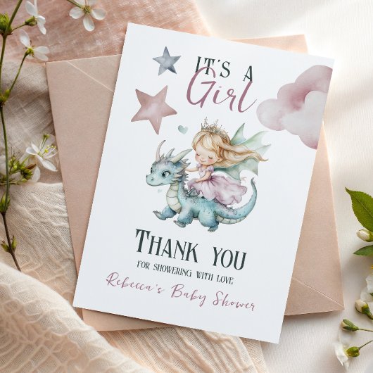 Fairytale Dreamy Dragon Pink Princess Baby Shower  サンキューカード