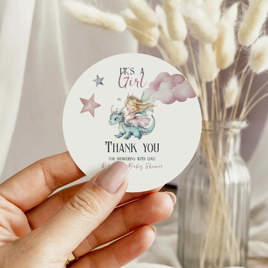 Fairytale Dreamy Dragon Pink Princess Baby Shower  ラウンドシール