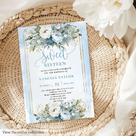 Fairytale Dusty Blue White Gold Flowers Sweet 16  招待状