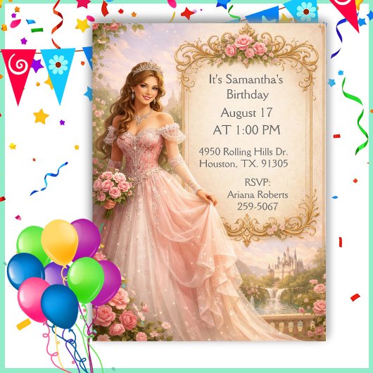 Fairytale Girl Princess Birthday Party 招待状