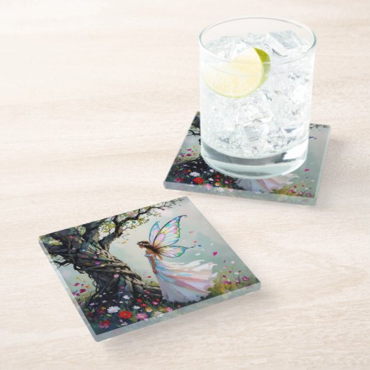 Fairytale Inspired Fairy and Whimsical Tree ガラスコースター (アングル)