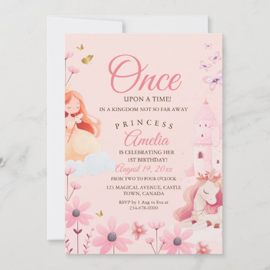  Fairytale Pink Birthday 招待状 (正面)