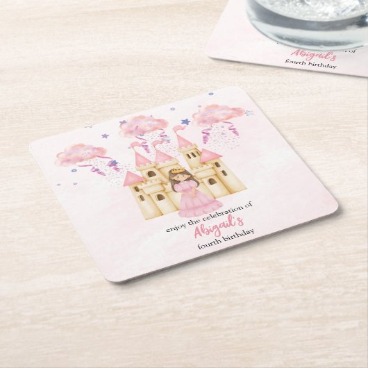 Fairytale Pink Castle Princess All Ages Birthday スクエアペーパーコースター (アングル)