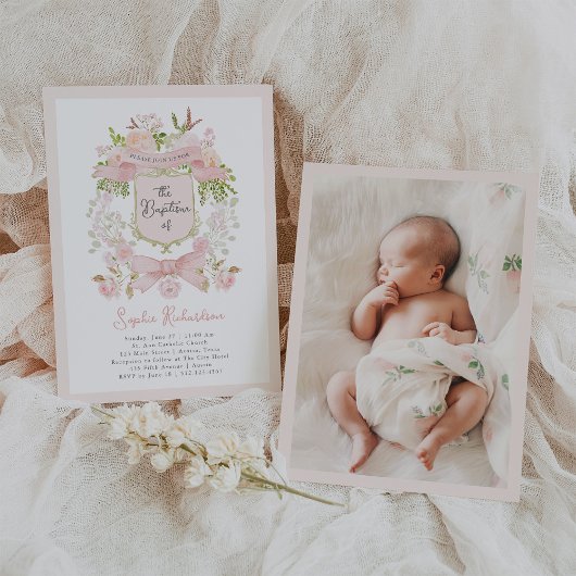 Fairytale Pink Flowers and Crest | Photo Baptism 招待状