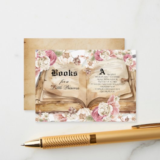 Fairytale Pink Rose Floral Royal Baby Shower エンクロージャーカード (正面/裏面インサイチュ)