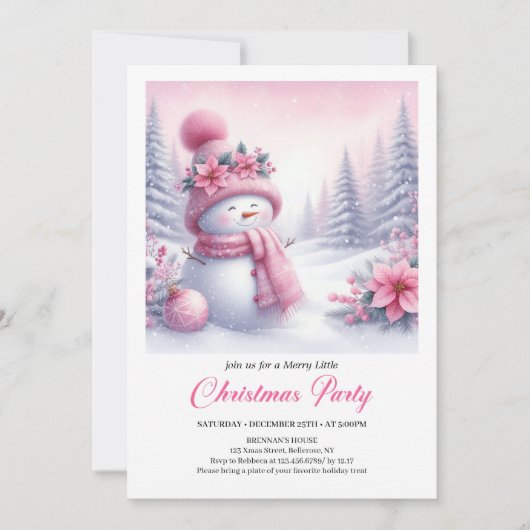 Fairytale Pink Snowman Editable Christmas Kids  招待状 (正面)