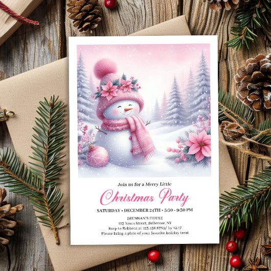 Fairytale Pink Snowman Editable Christmas Kids  招待状