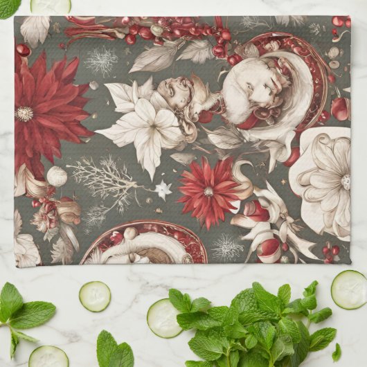 fairytale whimsical Christmas decorations, flowers キッチンタオル (折り畳み)