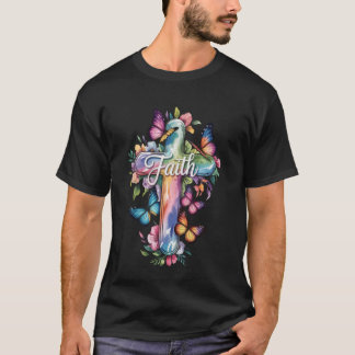 Faith Cross Butterflies Floral Religious Christ Fl Tシャツ