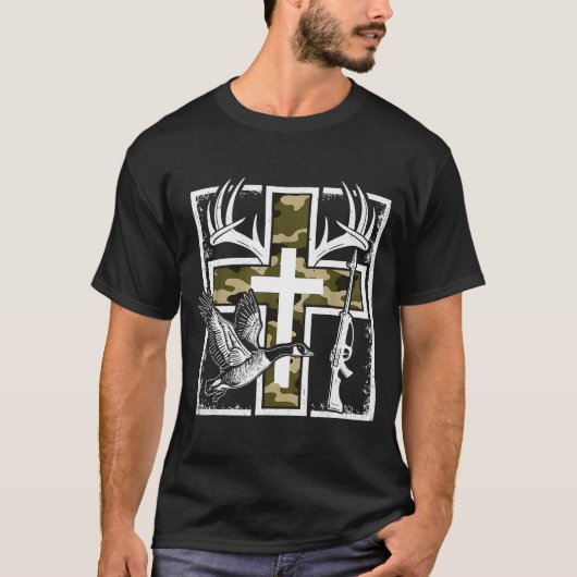 Faith Fishing Hunting Camo Cross Duck Deer Christi Tシャツ (正面)