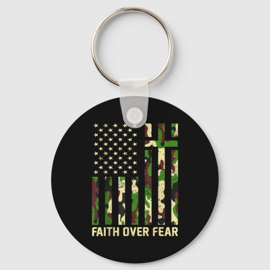 Faith Over Fear Christian Americn Flag Camouflage  キーホルダー (正面)