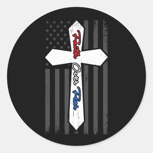 Faith Over Fears Cool Christian Cross USA Flag ラウンドシール (正面)