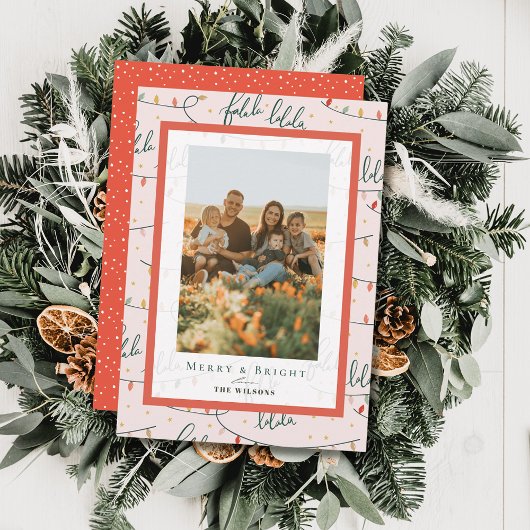 Falalalalaクリスマスライトホリデーピンクのフォトカード 招待状