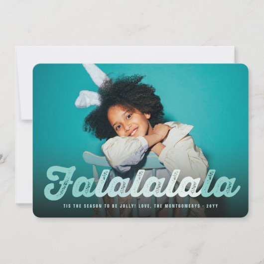 Falalalalala緑のスクリプトグラデーションおもしろいクリスマスフォト シーズンカード (正面)