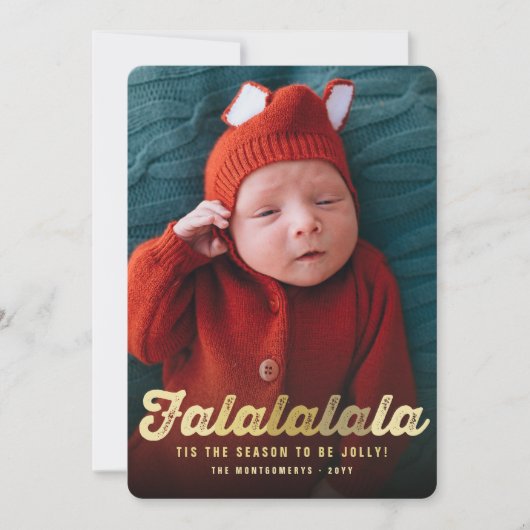 Falalalalala金ゴールドグラデーションスクリプトおもしろいクリスマスフォト シーズンカード (正面)