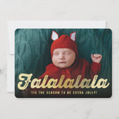 Falalalalala金ゴールドグラデーションスクリプトおもしろいクリスマスフォト シーズンカード (正面)