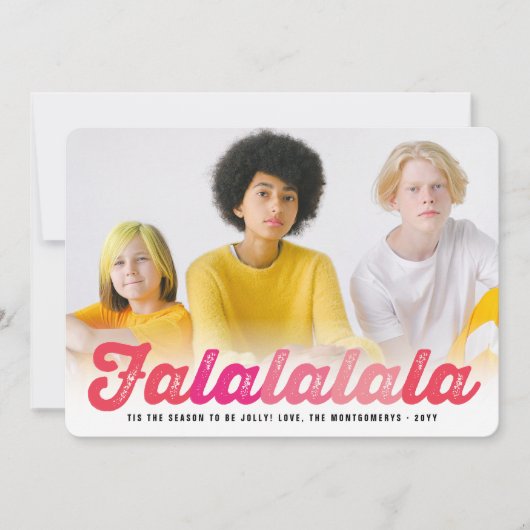 Falalalalalala Pinkスクリプトグラデーションおもしろいクリスマスフォト シーズンカード (正面)