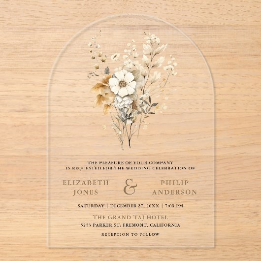 Fall Autumn Boho Wildflower Wedding アクリル招待状 (正面)