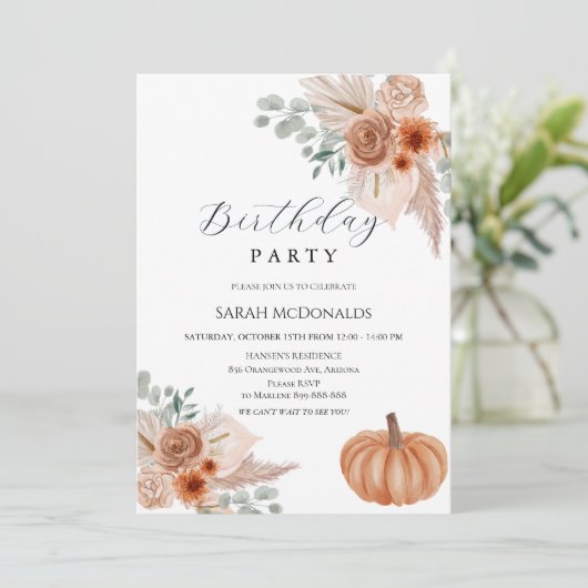 Fall Autumn Boho Woman Birthday Invitation 招待状 (スタンド正面)