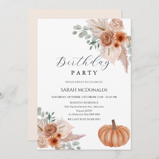 Fall Autumn Boho Woman Birthday Invitation 招待状 (正面/裏面)
